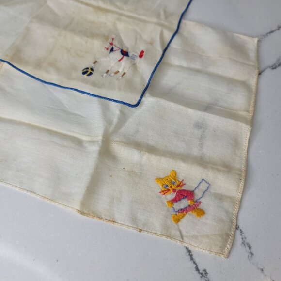 Vintage Handkerchiefs 2 With Embroidered Horse & Cat Blue And Yellow Trim Cotton - Picture 3 of 4